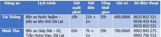 Bảng giá xe khách Hà Nội Đà Lạt