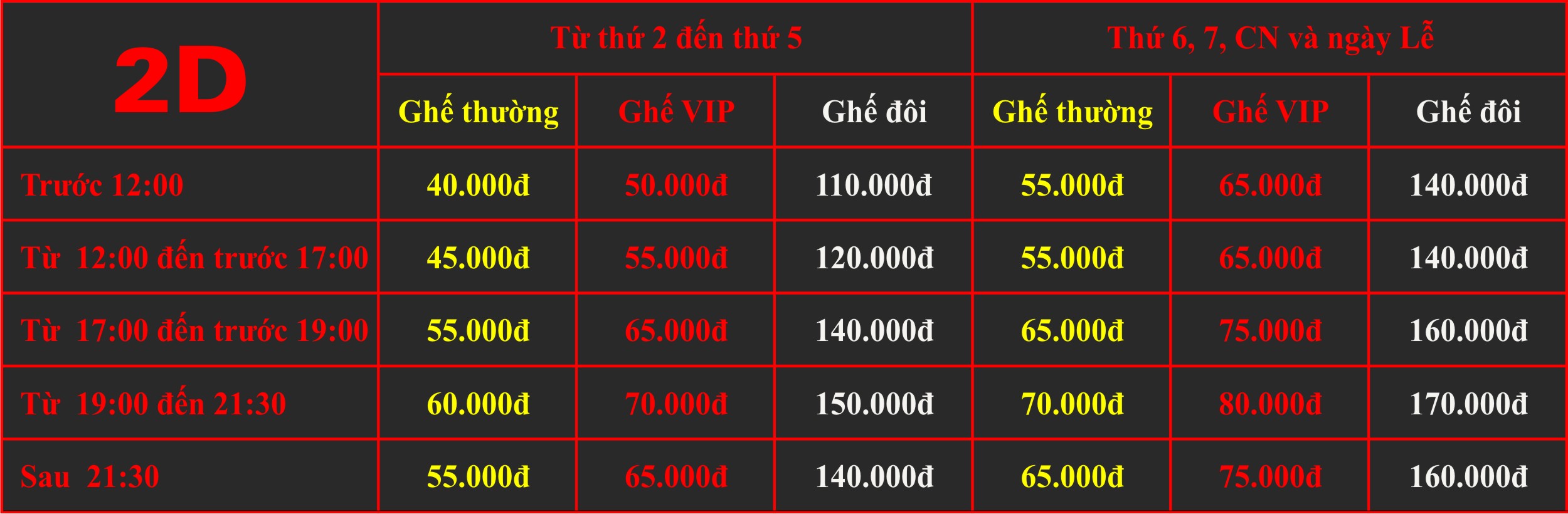 Giá vé chiếu phim 2D rạp Quốc Gia