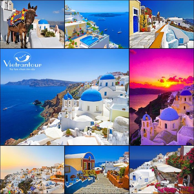 Nhìn từ xa, Santorini hệt như một giỏ nấm nổi bật trên nền trời và sắc xanh của màu nước biển Địa Trung Hải